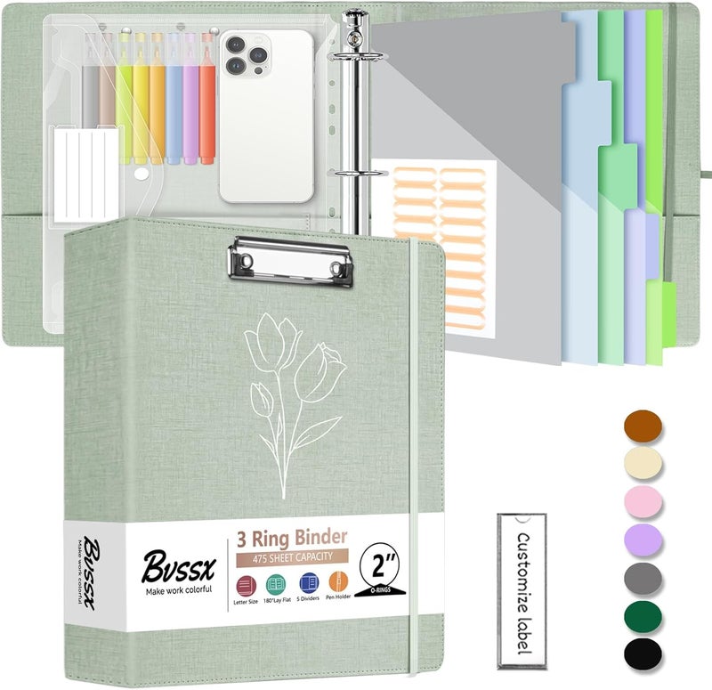 BVSSX 2 Inch 3 Ring Linen Binder Organizer, Three Ring Binders with Clipboard, Plastic Folder, 5-Tabs Pocket Dividers with Sticker Labels, Pen Loop, Elastic Strap (Sauge, Letter Size) - Image 1